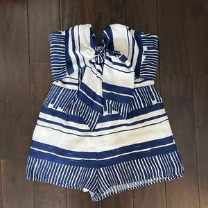 Delphi Blue and White Striped Tie-Front Strapless Romper